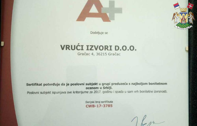 SERTIFIKAT GOVORI UMESTO VAS – VRUĆI IZVORI OSVOJILI OCENU A+